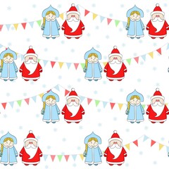 Russian Santa Claus and Snow Maiden on abackground with with flags and snowflakes. Funny New Year seamless pattern.