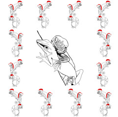 Pattern. Reptiles. Geckos in Christmas hats. Background. Stylish creative illustration for packaging, printing, banners. Trend. Cartoon character. For printing and design of advertising materials