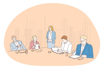 Teamwork, negotiations, business presentation concept. Group of business people office workers partners cartoon characters sitting in office and listening to colleague or coach presentation 