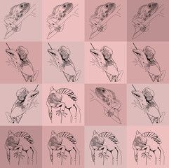Pattern. Reptiles. Geckos are mammals. Lizards. Background. Stylish creative illustration for packaging, printing, banners. Trend. Cartoon character. For printing and design of advertising materials