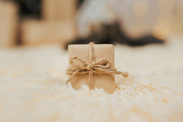 Little gift kraft box with a bow.