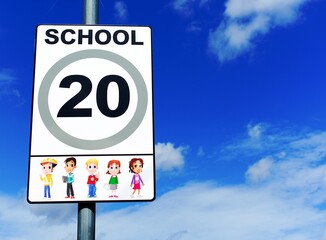UK School road sign, please drive slowly 20 mph.