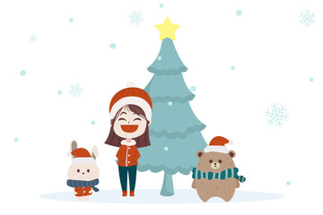 Character Cartoon Cute Christmas Day , Merry christmas happy new year festival , santa children and animal , christmas tree snowflake rabbit bear , invitation card vector illustration