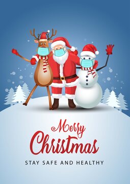 merry christmas santa claus, reindeer and snowman wearing surgical mask. covid-19, coronavirus concept .vector illustration design
