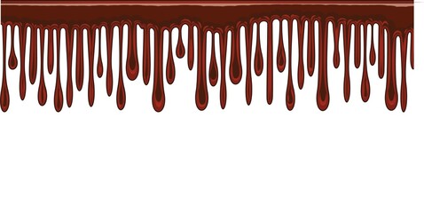 Beads of brown liquid. Dark chocolate Sweet cream. Thick flowing paint. Slime. The drops are slipping. The isolated object on a white background. Flat cartoon style. Shine. Frame. Vector
