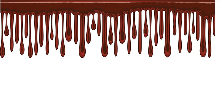 Beads of brown liquid. Dark chocolate Sweet cream. Thick flowing paint. Slime. The drops are slipping. The isolated object on a white background. Flat cartoon style. Shine. Frame. Vector