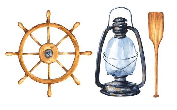 Watercolor nautical icons set, lantern, wheel and paddle isolated on white background. Hand painted watercolour illustration.