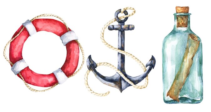 Watercolor nautical icons set, anchor, bottle with paper scroll and buoy isolated on white background. Hand painted watercolour illustration.	
