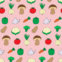 Seamless pattern with doodle style vegetables. Print for wallpaper, wrapping paper, textile background. Hand drawn illustration, good nutrition style. Vegetarian healthy, natural and organic food