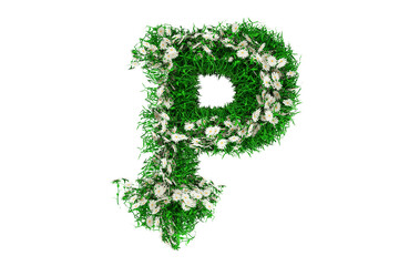 Letter P of Green Grass And Flowers. 3d rendering