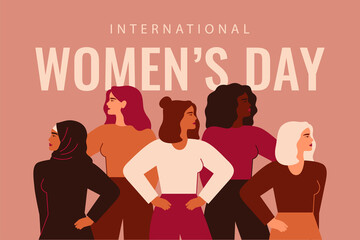 International Women's Day card with Five strong girls of different cultures and ethnicities stand together. Vector concept of gender equality and of the female empowerment movement. - 396982340
