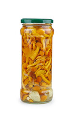 Glass jar with marinated honey agarics isolated on a white background