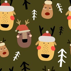 
holiday seamless pattern with deer, trees on a neutral background. Merry Christmas. Colorful vector, flat style. design for fabric, print, wrapper
