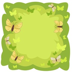 Abstract background with butterflies and flowers. Cartoon flat style. Girlish or childish. Soft rounded clouds. Composition with square proportions. Isolated over white background. Illustration vector