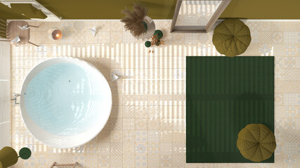Cosy wooden peaceful bathroom in green tones, big bathtub, ceramic tiles floor, carpet with sofa, round poufs, mirror, spa, hotel suite, modern interior design, top view, plan, above