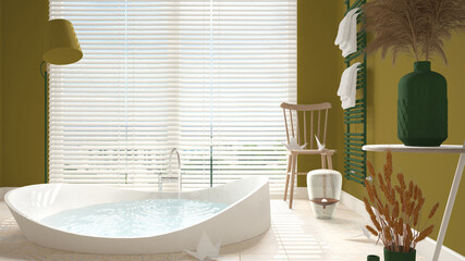 Cosy wooden peaceful bathroom in green tones, big round bathtub, window, ceramic tiles floor, heated tower rail with towels, vintage chair, spa, hotel suite, modern interior design
