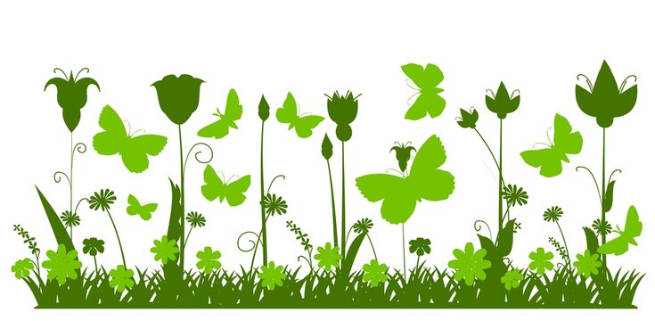 Silhouette of a blooming meadow with grass, flowers and butterflies. Green landscape. Cartoon illustration. The picture is isolated on a white background. Beautiful natural view. Wild plant nature