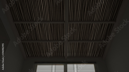 Ceiling Close Up In Modern Sustainable Country Interior Dark Wooden Bamboo Ceiling Exposed Beams Canes Black Plaster Walls Window With Blinds Overhead Roof Architecture Design Wall Mural Archiviz