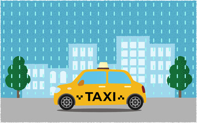 雨の中、都市の道路を進む黄色いタクシーのベクターイラスト