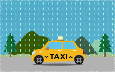 雨の中、山沿いの道を進む黄色いタクシーのベクターイラスト