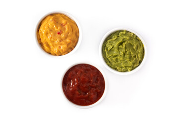 Traditional Mexican sauces. Guacamole, chilli pepper sauce and cheese sauce isolated on white background