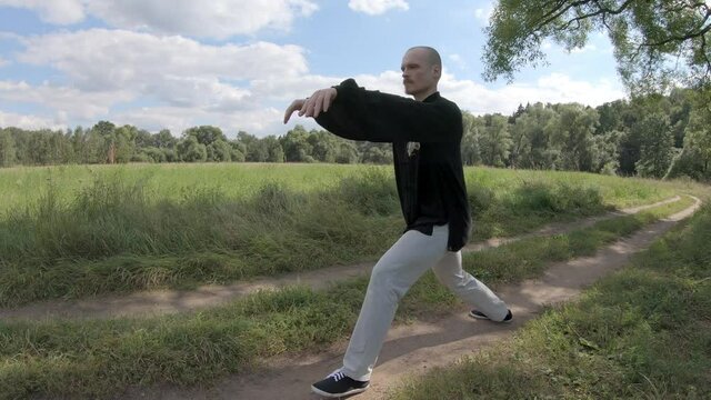 Master of martial arts makes smooth movements, then abruptly hits his hands in a jump. Around green nature, clear sunny day