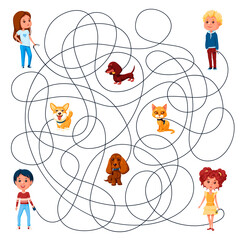 Four children walk with their pets on leashes. Guess which of them is walking the kitten? Children's picture puzzle with a maze of entangled lines.