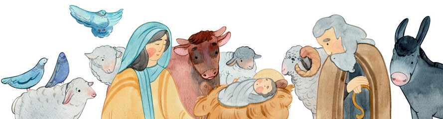 border of Christian Nativity scene on white background. Virgin Mary, Jesus Christ, Joseph, sheep, animals. For Merry Christmas greeting cards, Christian publications and prints. Watercolor .