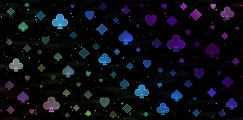 Colorful poker abstract bokeh pattern on a black background.