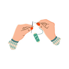 Vector illustration of women's hands holding a thread and needle. Hands of a seamstress in flat design. A spool of green thread and red-orange nails. Creative hobby. Isolated on a white background 