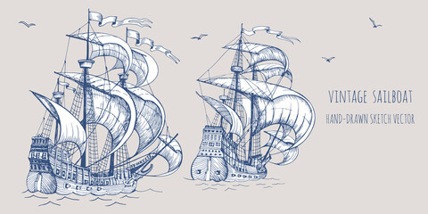Old caravel, vintage sailboat. Hand drawn vector sketch. - obrazy, fototapety, plakaty