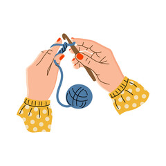 Women's hands hold the hook and yarn. Hands of a needlewoman. Crocheting. Vector illustration of a flat design. Creative hobby. Isolated on a white background