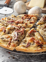 Pizza with mushrooms. Mushroom pizza on the grill on a dark background. Pizza with mushrooms and ingredients