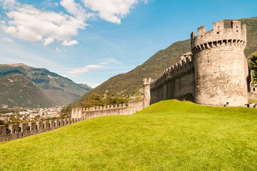 Fototapeta na wymiar Montebello Castle located on a rocky hilltop east of town Bellinzona, Ticino, Switzerland
