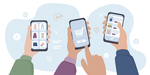 Hands with smartphones make purchases online. People make orders, choose things and products in stores, food in a restaurant. They pay for finished orders in the mobile application using the Internet.