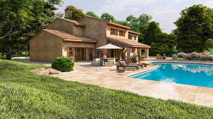 Mediterranean style villa with pool and garden - obrazy, fototapety, plakaty