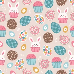 Poster Easter seamless pattern with cupcake, rabbit, eggs, flowers, leaves © miumi