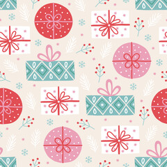 Christmas seamless pattern with berries, gifts, fir branches, snowflakes