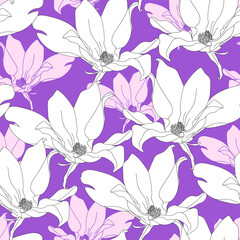 Seamless pattern with magnolia. Hand drawn floral background. Artwork for textiles, fabrics, souvenirs, packaging and greeting cards.