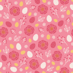 Easter seamless pattern with eggs, berry, leaves, flowers