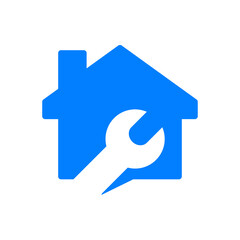 Logotipo con herramienta llave en silueta de casa en color azul