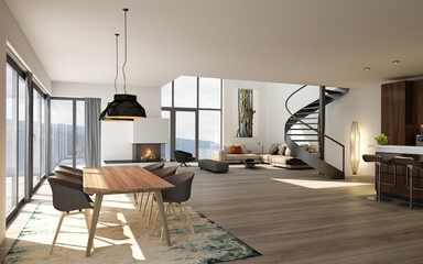 3D rendering eines modernen Wohnraumes