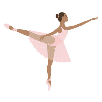 Dancing ballerina brown skin, girl in tutu and pointe shoes, pink dress. Vector illustration, performing classical ballet, vector flat style.