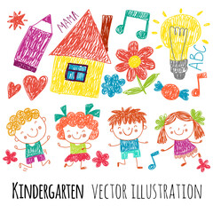 Playground. Template for advertising brochure. Kindergarten. Children play and learn. Funny cartoon boys and girls. Kids drawing.