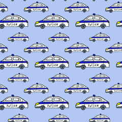 Seamless repeating pattern. Police car. Child. Background, base, print, on fabric. © Tuhenciya
