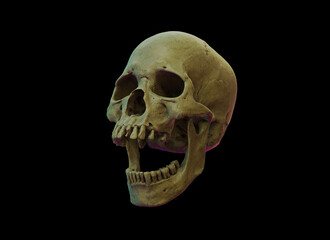 Obraz premium Human skull with an open lower jaw on a Black isolated background. The concept of death, immortality, eternal life, horror. Acult symbol. Spooky Halloween symbol. 3D render