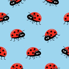 Seamless background with cartoon ladybug on blue. Simple pattern. Vector illustration.