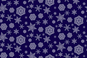 Seamless repeating pattern, white snowflakes on a dark blue background.