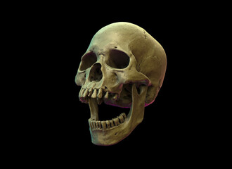 Human skull with an open lower jaw on a Black isolated background. The concept of death, immortality, eternal life, horror. Acult symbol. Spooky Halloween symbol. 3D render