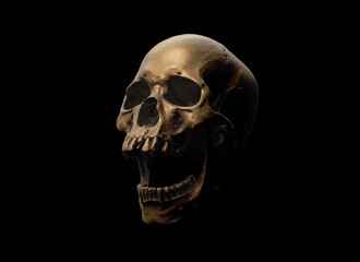 Human skull with an open lower jaw on a Black isolated background. The concept of death, immortality, eternal life, horror. Acult symbol. Spooky Halloween symbol. 3D render